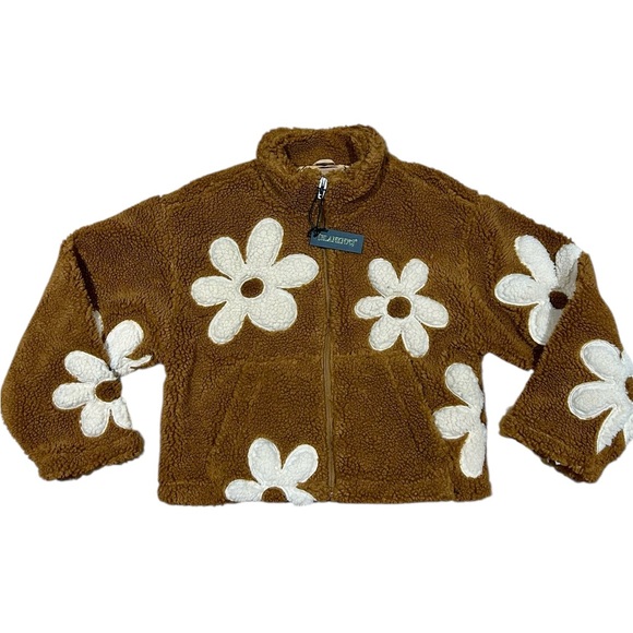 Blank NYC Sz M Brown Floral Sherpa Jacket Boho Coat Neutral New - Picture 3 of 10